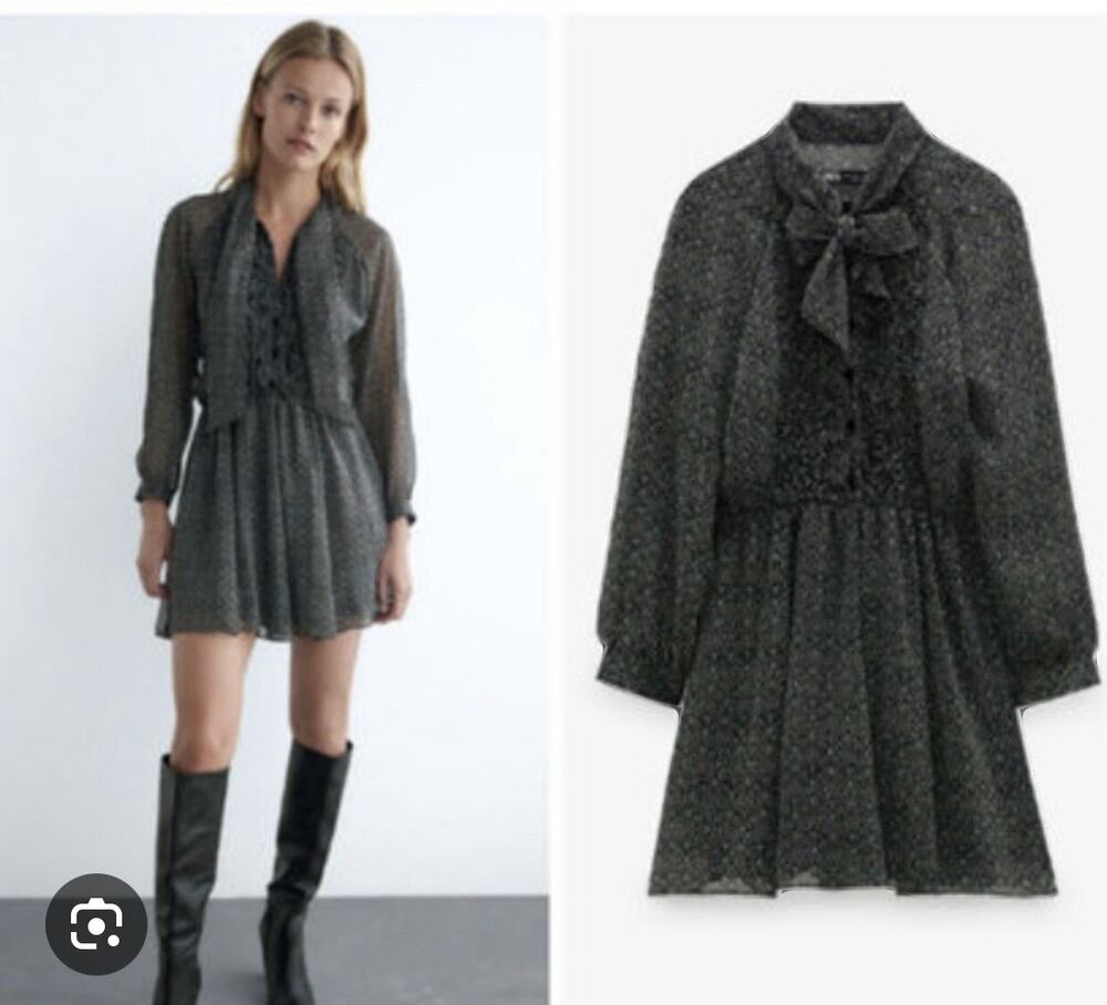 Zara Black Printed Chiffon Tie Neck Long Sleeve Sheer Romper Size XS NWT